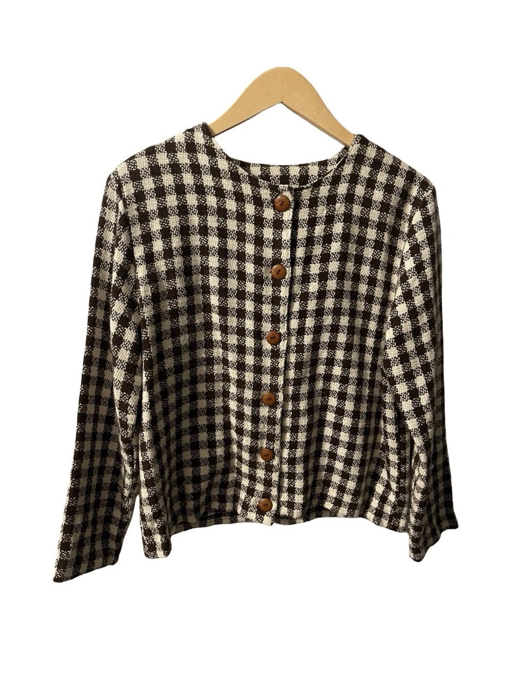 Vintage Tymings Brown Cream Gingham Button Front Cardigan Sweater Medium